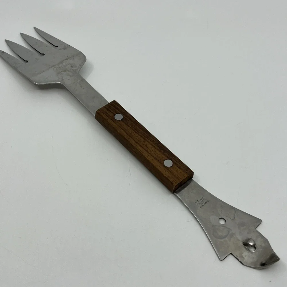 Vintage Vernco Stainless Steel Fork Can Opener Large Rivet Wood Handle